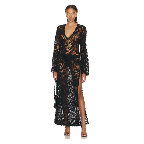 Hemant and Nandita Dua Caftan Lace Cover-Up V Neck Crochet Large L BLACK - Picture 1 of 7